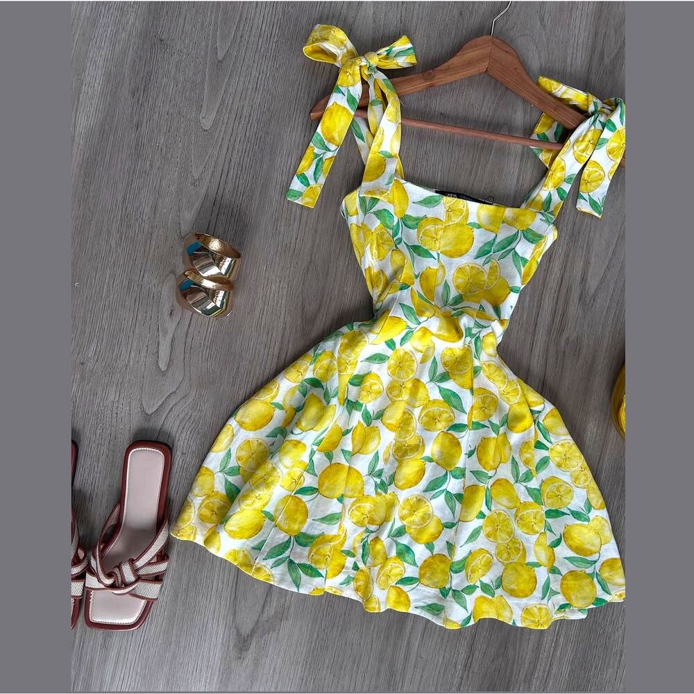 ZARA Lemon Print Linen Blend Mini Dress NWT Amalfi Coast Vacation Dress M - Picture 15 of 16